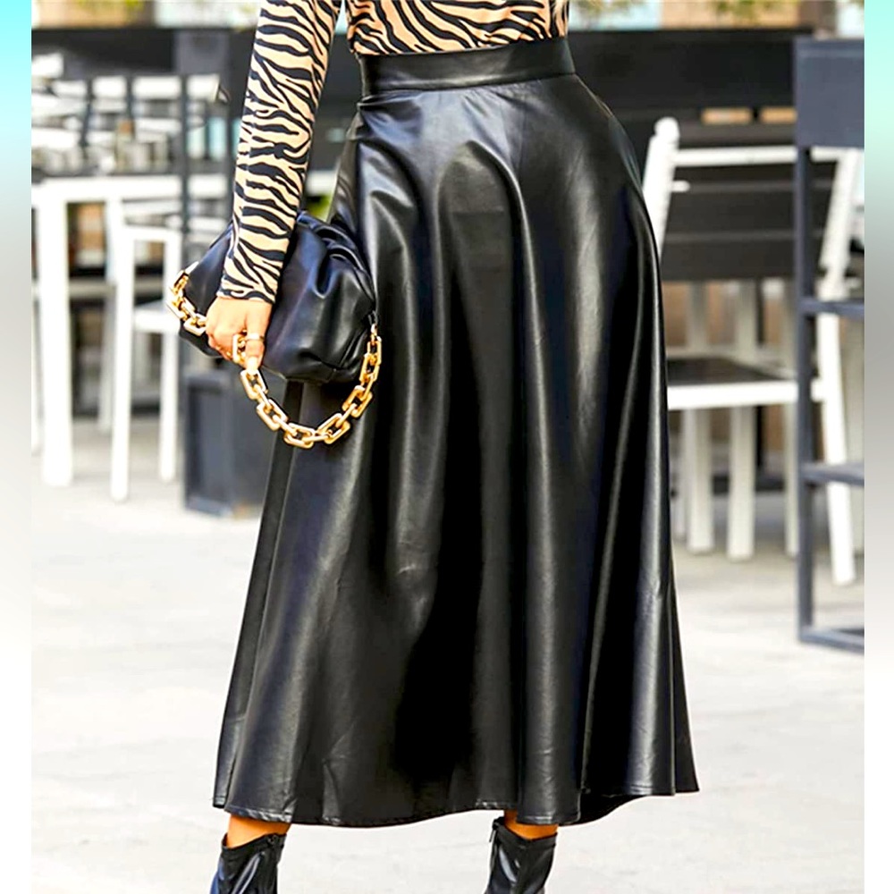 Celmia Women's Casual High Waist A-line Leather Midi Skirt Flared